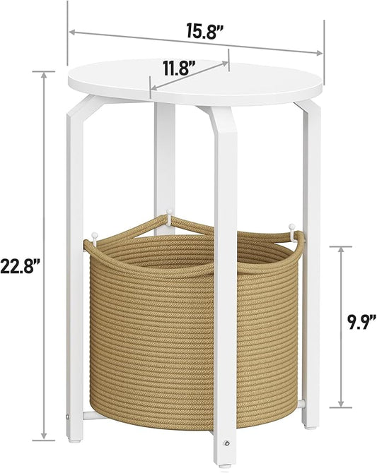 TUTOTAK Small Side Table, Oval End Table, Night Stand, Bedside Table, Sofa Table with Storage Basket, Living Room, Bed Room, White and Beige TB01BWN093