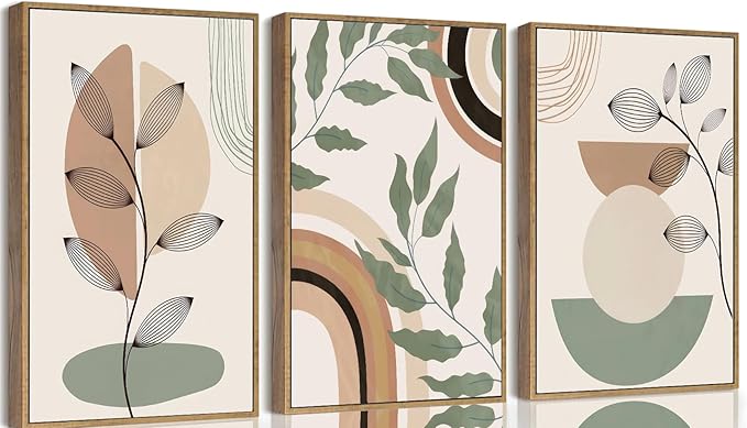 3 pcs Boho Canvas Wall Art Green Sage Botanical Painting Wall Decor Pictures Mid Century Modern Minimalist poster print for Living Room Bedroom Bathroom Home Decoration UnFramed