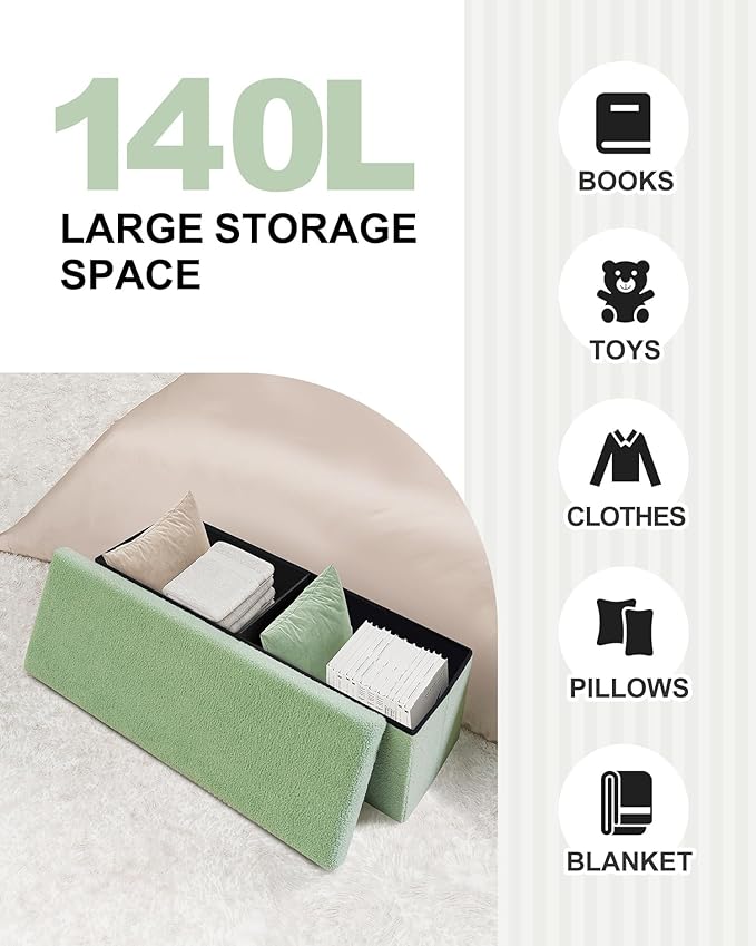 B FSOBEIIALEO Small Storage Ottoman Cube Sherpa Ottomans Foot Rest, Foldable Boucle Ottoman Bench, Faux Teddy Fur, Green 43.3"x15"x15"