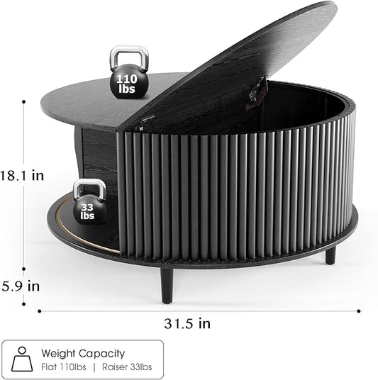 Round Coffee Table with Storage, Mid Century Modern Center Table with Sliding Cabinet Door, Fluted Dining Table for Living Room, Home Small Space, 31.5", Black