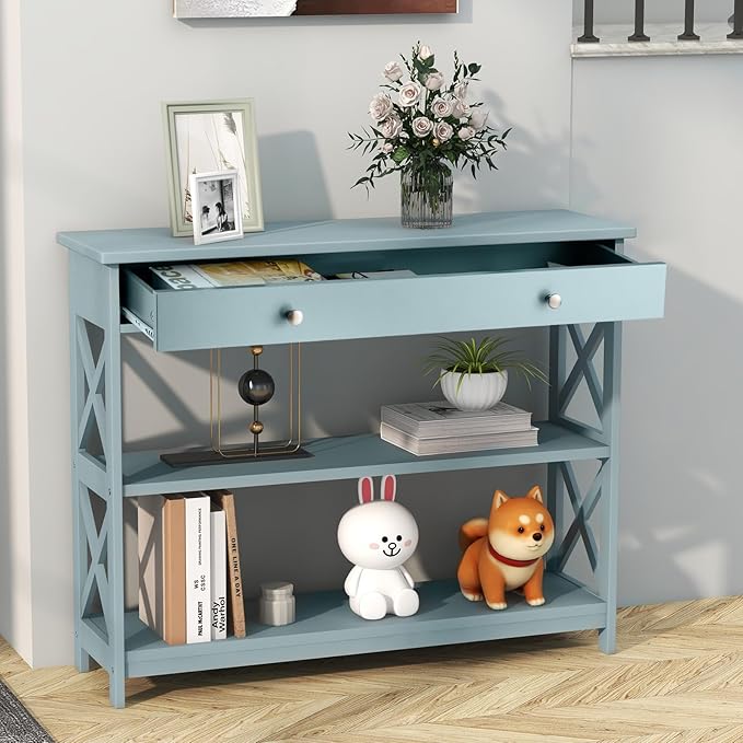 GOFLAME 39" Console Sofa Table with Drawers, 3-Tier Narrow Entry Table with Storage Shelves for Living Room Behind Couch, Entryway, Hallway (Green)