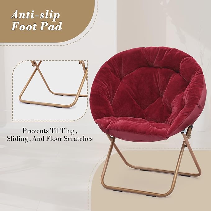 Athena Collection Saucer Chair with Ottoman - Modern Red Faux Fur Foldable Accent Chair - Comfortable for Bedroom, Living Room, Gaming, Reading - 300 lbs Weight Capacity