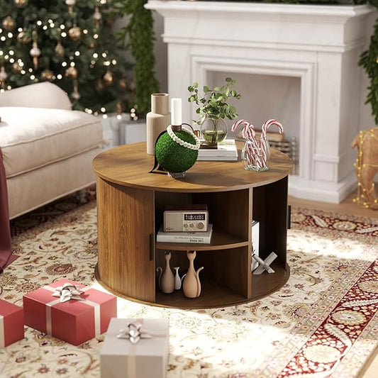SoarFlash 31.5 Inch Fluted Coffee Table with Storage, Mid Century Modern Round Coffee Table with Shelf, Center Table with Sliding Door and Wood Fluted Handle for Living Room, Walnut