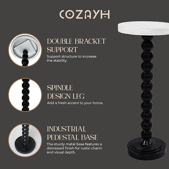 COZAYH Small Pedestal End Table, Living Room Accent Side Table Display Stand, Drink Table with Wood Top & Distressed Metal Spindle Base, White & Black