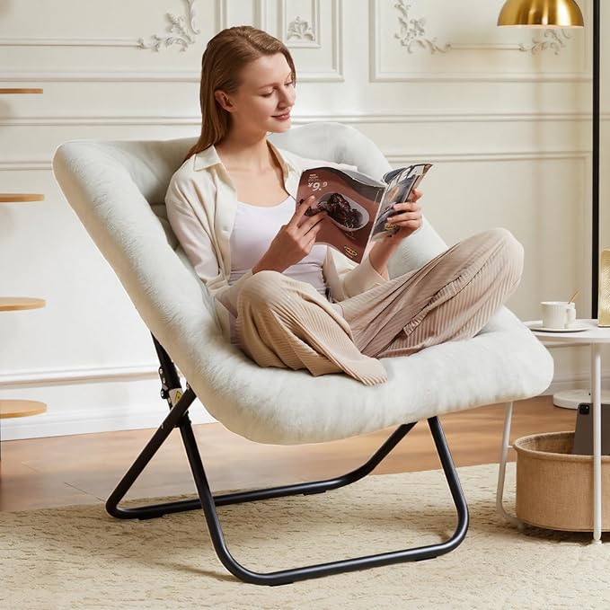 DUMOS Comfy Chair for Adults, Soft Faux Fur Folding Lounge for Bedroom Living Room Dorm Rooms Flexible Reading Chair for Teens, Large Size Foldable (Square-White)