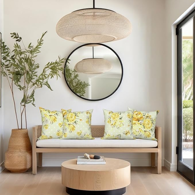 Light Yellow Flower Throw Pillow Covers 16"x16" Set of 4, Vintage Floral Sofa Pillowcases for Chair Couch Bed Living Room Office Car Garden Patio Farmhouse Indoor Outdoor Decorative