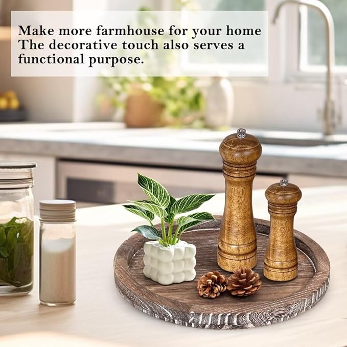 Round Decorative Wooden Serving Trays for Ottoman Coffee Table Tray Farmhouse Kitchen Home Decor Accents Circle Circular Wood Decorations Trays Rustic Dining Table Centerpiece Candle Holder Tray