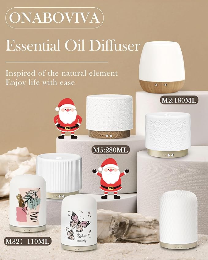 Ceramic Essential Oil Diffuser 280ml- Aromatherapy Diffuser with Ultrasonic Cool Mist Humidifier, Night Light, Timer, Auto Shut-Off, Large Room Aroma Diffuser for Home, Bedroom, Office, Yoga
