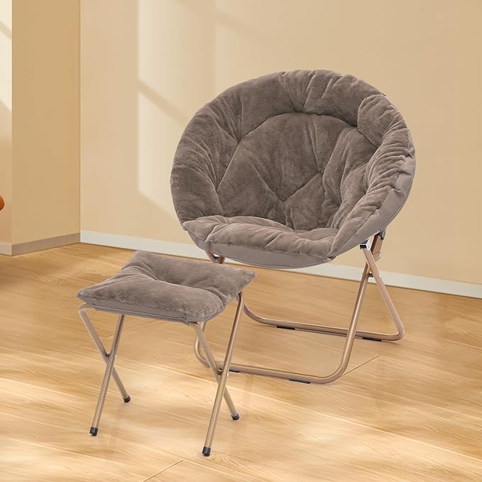 Athena Collection Saucer Chair with Ottoman Comfy Chair for Bed Room Living Room Folding Round Cozy Chair Faux Fur Metal Frame Foldable Lazy Chair Accent Chair Reading Chair Set of 2, Brown