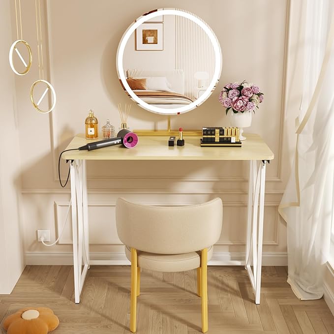 Folding Table, 31.5" Small Desk for Bedroom with Power Outlet, Space Saving Foldable Computer Desk for Home Office, Easy Assembly, Beige