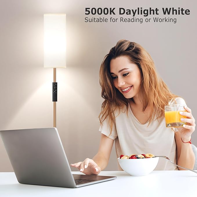 Ambimall 64'' Floor Lamps for Living Room with Remote Control and Stepless Dimmable Colors Temperature & Brightness, 9W Bulb Included(White Lampshade & Brown Pole)