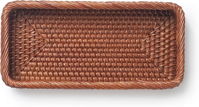 Rattan Bathroom Vanity Trays Toilet Tank Baskets Long Narrow Hand Towel Storage Basket for Storage, Decorative (Honey Brown 10.2 x 4.9 x 1.6 inch)