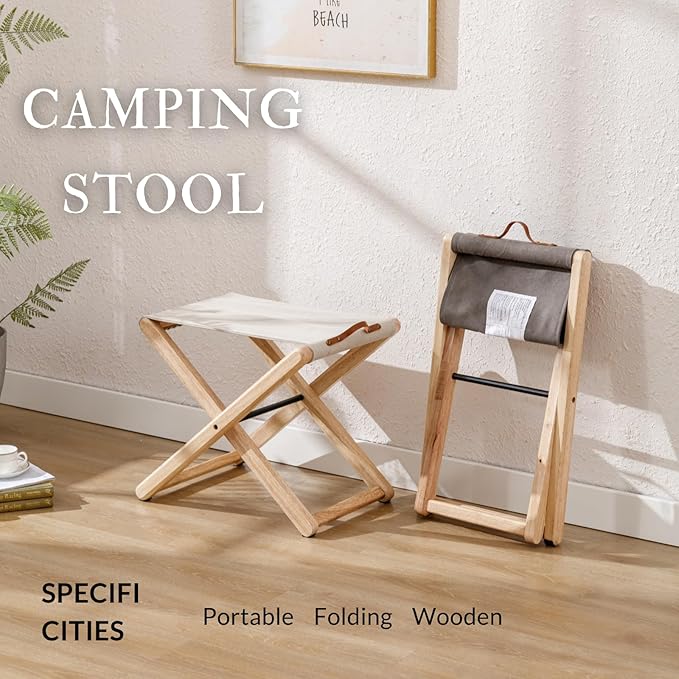 Folding Camping Stools Set of 6, Canvas Folding Stool with Wood Legs Portable Camp Stool Chairs for Outdoor Fishing Picnic Travel BBQ, Beige