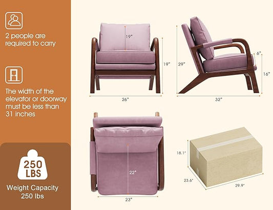Mid Century Modern Chair, Upholstered Lounge Arm Chair with Solid Wood Frame, Comfy Accent Chair for Living Room, Bedroom, Reading, Reception, Pink