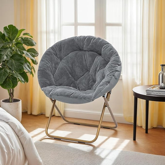 Athena Collection Comfy Saucer Chair Folding Cozy Chair for Bed Room Living Room Accent Chair Faux Fur Reading Chair Foldable Metal Frame Lazy Chair Moon Chair for Adult, Grey
