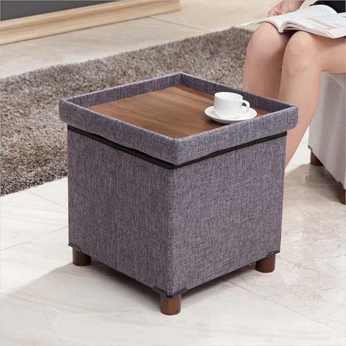 15 Inch Storage Ottoman with Wooden Legs - Cube Foot Rest Stool, Square Footstool, Comfortable Seat with Lid, Foldable Fabric Ottoman, Space-Saving Grey