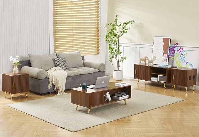 COSVALVE 41.3IN LED Walnut Coffee Tables for Living Room with 16 Colors LED Lights, Modern Minimalist Coffee Table with Fluted Panel, Rectangle Center Table Game Table