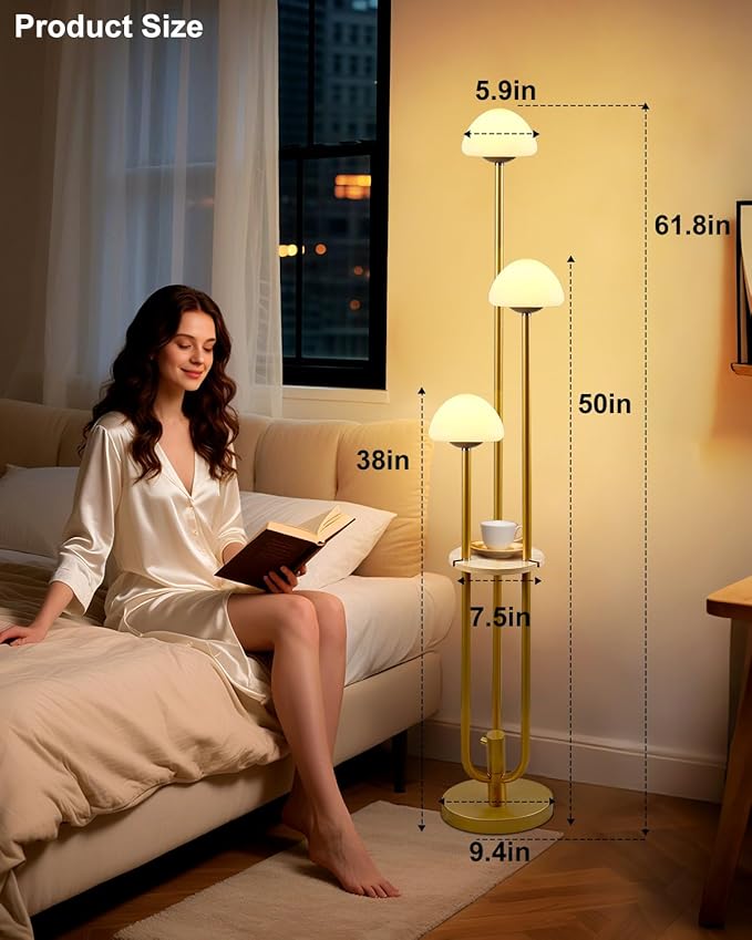 Lightdot Gold Dimmable Floor Lamp with Table, Modern Floor Lamps for Living Room, 3000K Warm Lights Tall Standing Lamp with Mushroom Shades & Bulbs for Bedroom/Office