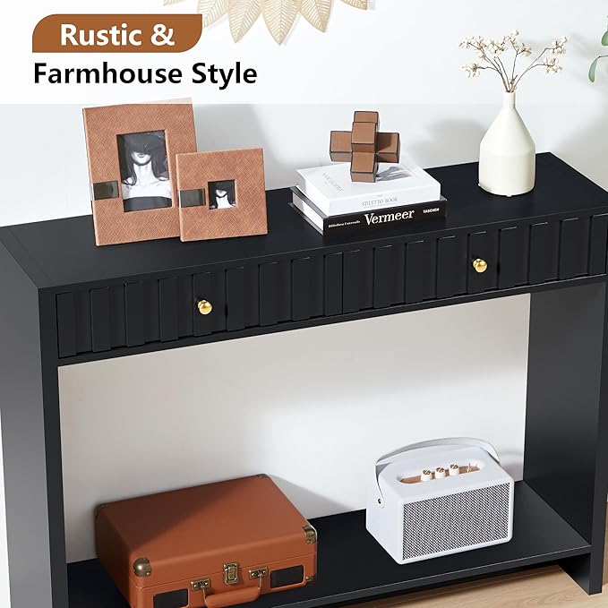 AVZEAR Entryway Console Table with Fluted Drawers, Mid Century Entryway Table with Storage, 43" Long Couch Table Behind Sofa Narrow Sofa Table Console Tables for Living Room Hallway Entrance, Black