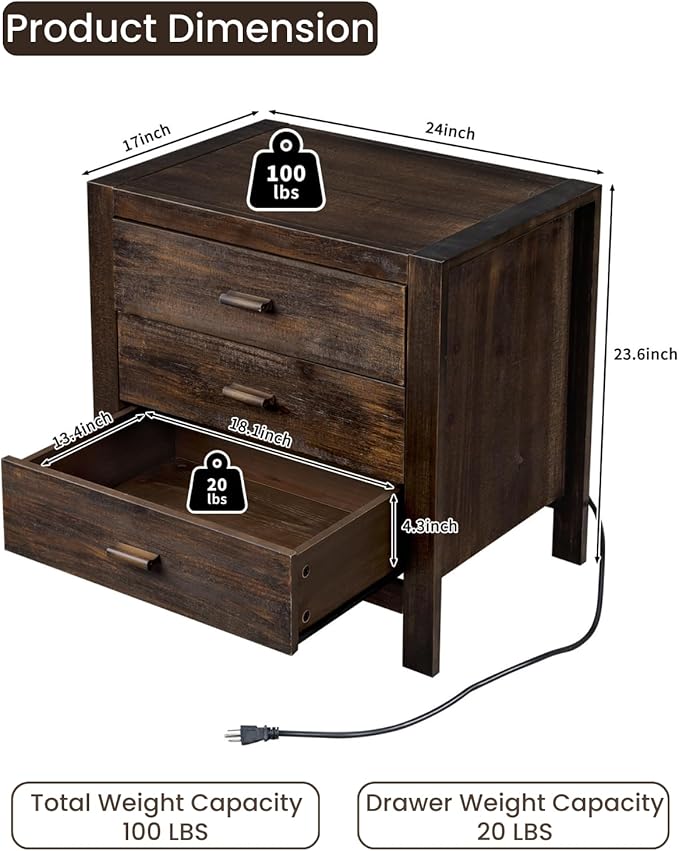 Karl home Nightstand with Charging Station, Farmhouse Nightstand for Bedroom, Pine Wood Night Stand with 3 Drawers, End Table Bedside Table with 2 USB Parts, Living Room, Entry Way, Brown
