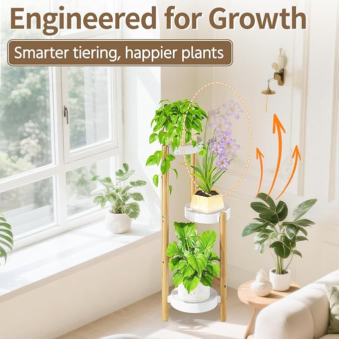 LASZOLA Bamboo White 3 Tier Heavy Duty Plant Stand Indoor, Tall Multiple Level Vertical Planter Rack for Modern Narrow Corner, Slim Spiral Flower Holder Organizer Display for House Decor, Plastic Tray