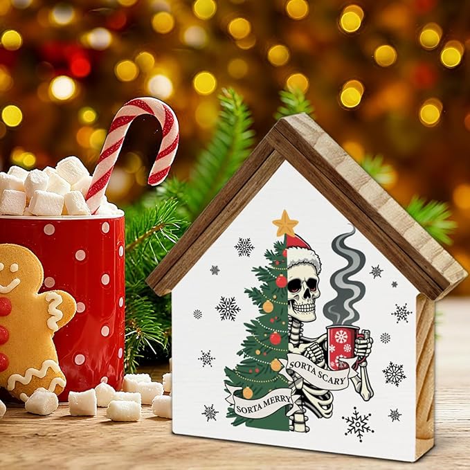 Funny Christmas Skeleton Coffee Bar Decor Sorta Merry Sorta Scary Skull House Shaped Wood Block Sign Xmas Holiday Kitchen Coffee Hot Cocoa Bar Decorations for Desk Table Shelf