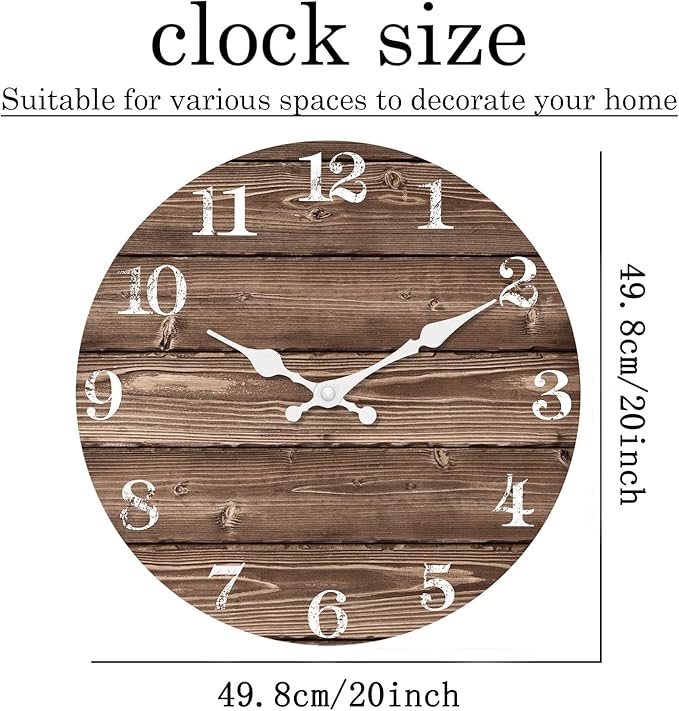 XFM Large Wall Clocks for Cafes 20 Inch Wood Wall Clock Battery Operated Brown Vintage Wall Clock Non Ticking Farmhouse Clock (No Solid Wood, it is with MDF Material)
