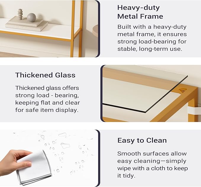 Console Sofa Table, 52" Modern Entryway Table, 2-Tier Open Shelf with Tempered Glass, Metal Frame Behind Couch Table with Gold Metal Frame for Living Room Hallway Entrance, White