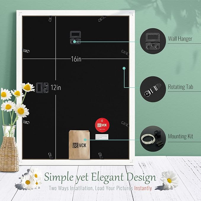 VCK 12x16 Picture Frame Set of 2 - White, Matted to 8x12 or 12x16 without Mat, Textured Exclusive Wooden Photo Frames with HD Glass, Wall Hanging