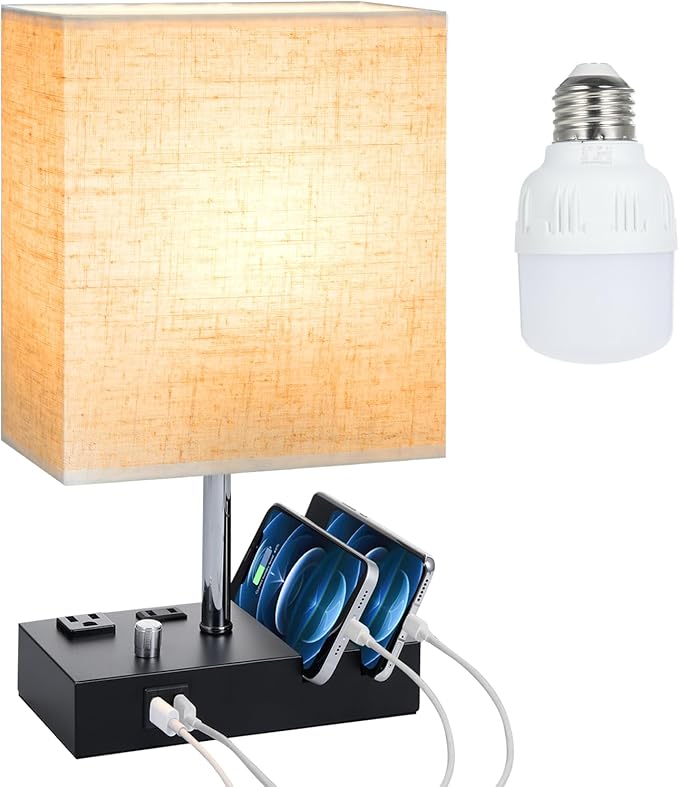 Nightstand Lamp for Bedroom with USB A + C Ports, Small Bedside Table Lamp with Charging Outlets and Phone Stands, 3 Color Temperatures Night Stand Light with Bulb for Living Room