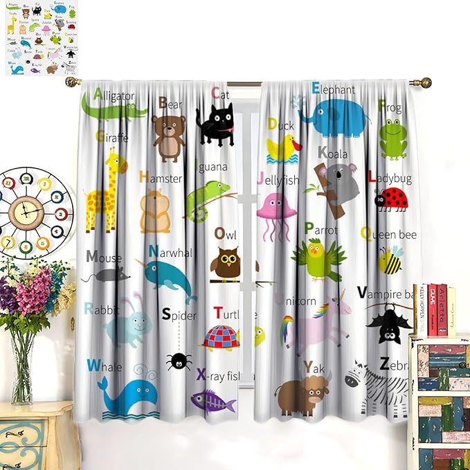 Alphabet Curtains, Cute Cartoon Animals Pattern Blackout Print Window Drapes for Bedroom Living Room 84x84 Inch