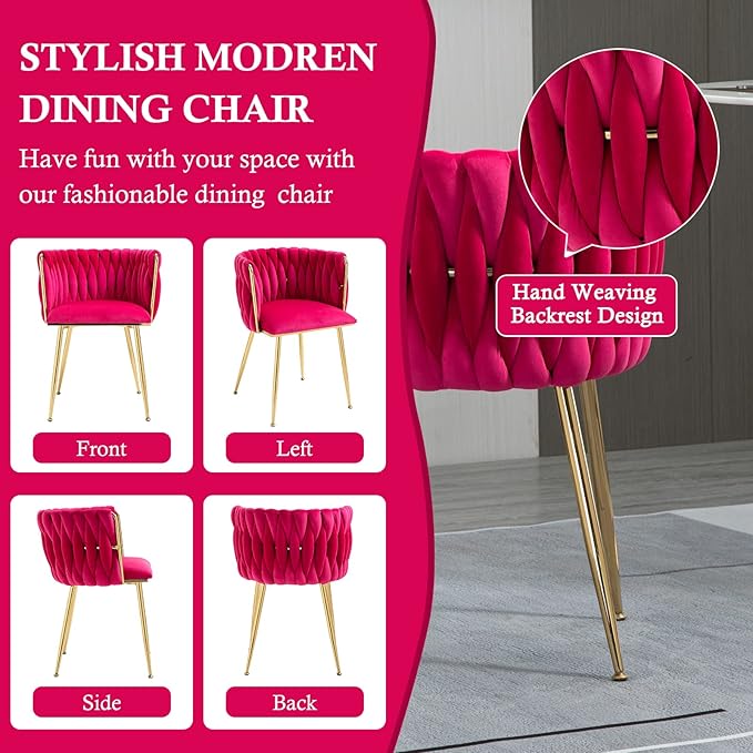 NIOIIKIT Modern Velvet Dining Chairs Hand Weaving Accent Chairs Living Room Chairs Upholstered Side Chair with Golden Metal Legs for Dining Room Kitchen Vanity Living Room (Rosered)