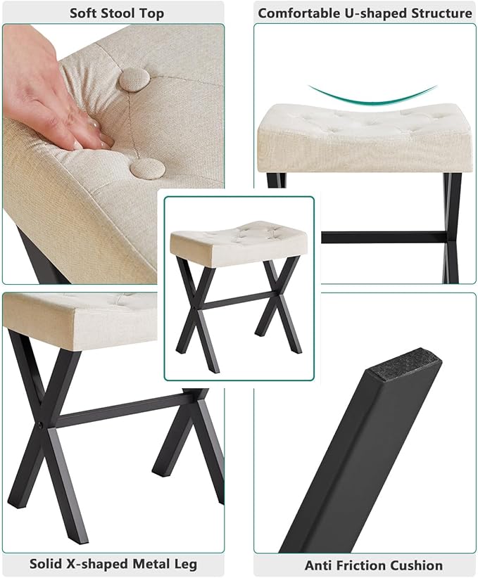 IBUYKE U-Shaped Linen Vanity Stool, Square Makeup Chair with X-Leg, Ottoman Seat Footrest Stool, Multi-Use as Small Side Table, for Bedroom, Living Room, Linen WBD018Y
