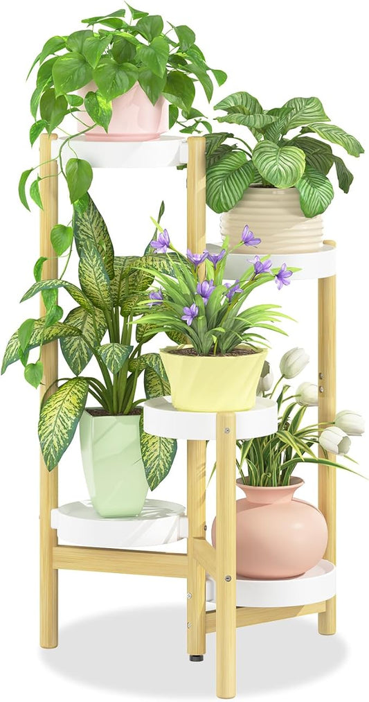 iDavosic.ly 5 Tier Bamboo Plant Stand Indoor Outdoor with Plastic Tray, Tiered Corner Flower Holder Shelf, Space Saving Orchid Display Rack for Patio Porch Living Room Garden Balcony, Natural White