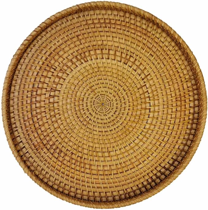 Hand Woven Rattan Serving Basket 11 inch - Round Platter for Fruit, Snacks, Appetizers, Bread, Breakfast, BBQs, Parties - Decorative Tray for Living Room, Kitchen, Dining Decor (Large)