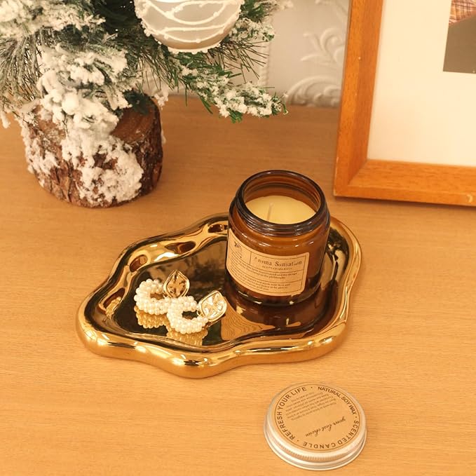 Ceramic Jewelry Tray Trinket Dish, Decorative Cloud Vanity Key Tray for Women, Ring Holder Dish, Cute Jewelry Plate Bowl Room Decor Aesthetic, Gold, Large