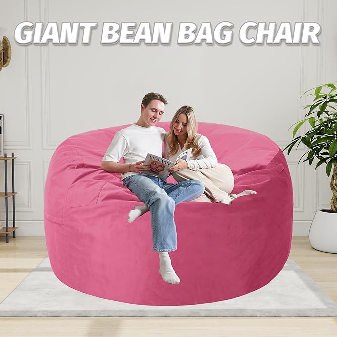 4FT Bean Bag Chair with Ultra Soft Velvet Cover Bean Bag Sofa with Memory Foam Bean Bag Chairs with Large Size Lazy Sofa for Dorm Office Living Room Bedroom Hot Pink 4'