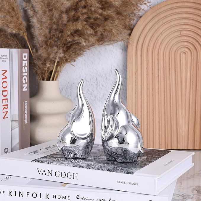 Ceramic Elephant Figurines with Trunk Up, Pair Couples Loving Statue, Small Figurines Sculpture African Home Decor, Valentine Elephants Gifts for Women, Wedding Knick Knacks(Silver
