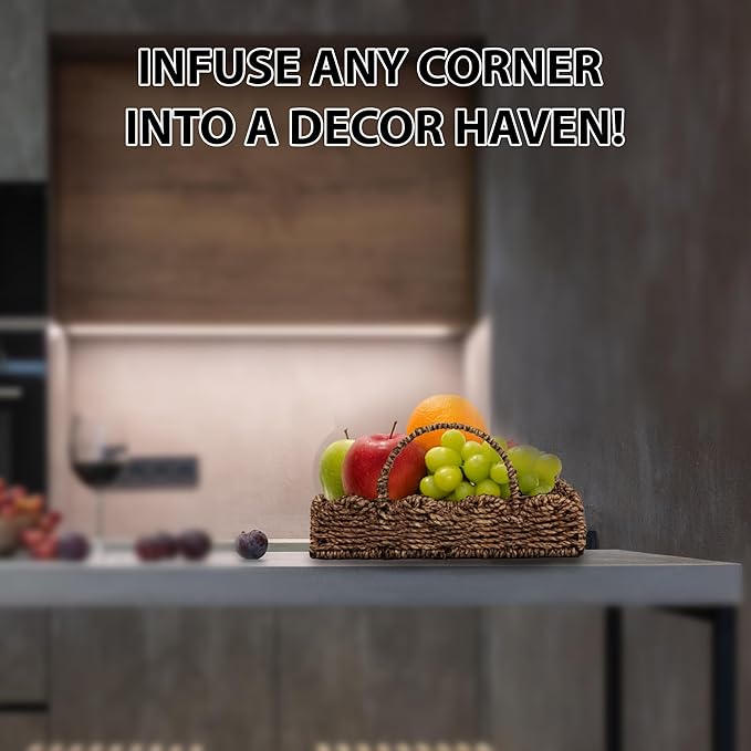 14" Handmade Wicker Tray with Scalloped Edge, Seagrass Basket with Handles, Decorative Boho Accent for Coffee Table or Ottoman, Holiday Serving