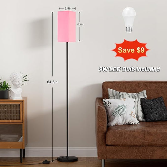 Ambimall Remote Control Floor Lamp, Stepless Dimmable, 64 Inches Tall, Include 9W Bulb, Standing Lamp for Living Room Bedroom Office (Pink & Black)