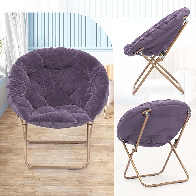 Athena Collection Comfy Saucer Chair Folding Cozy Chair for Bed Room Living Room Accent Chair Faux Fur Reading Chair Foldable Metal Frame Lazy Chair Moon Chair for Adult, Purple