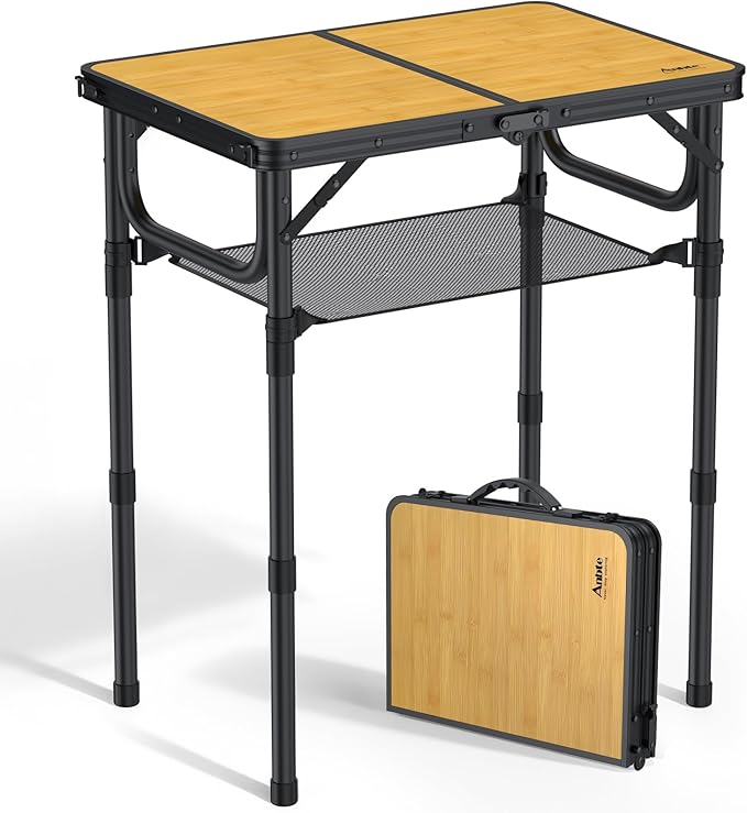 Anbte 2ft Camping Table Foldable with Storage Net, 3 Adjustable Heights Aluminum Small Folding Table, Lightweight, Portable Handle, for Travel Outdoor Beach Camping Picnic, 23.2" x 16", Yellow