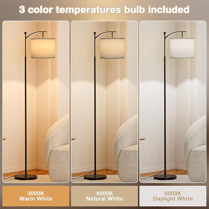 60" Floor Lamps with 3 Color Temperatures, Adjustable Grey Shade with Black Pole, Tall Lamps for Living Room, Bedroom, Office, Classroom, Dorm Room - 9W Bulb Included
