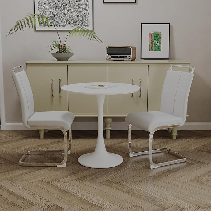 Round Dining Table, Modern Tulip Table, 31.5'' Mid-Century Round Leisure Table with Metal Base for 2-4 Person, Suitable for Living Room, Kitchen, Cafe and Home Office(White)