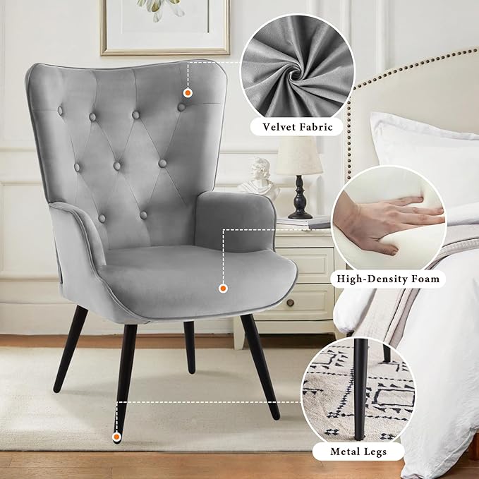 Furniliving Velvet Accent Chair with Ottoman, Upholstered Reading Chair with High Backrest, Tufted-Button Wingback Armchair for Bedroom, Dressing Room, Home Office, Grey