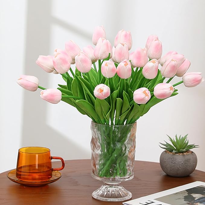 ABAJI 20PCS Tulip Artificial Flowers 12.6inch Real Touch for Wedding Decor Banquet Party Home Hotel Office Decoration Holiday Anniversary Celebration Faux Sterm
