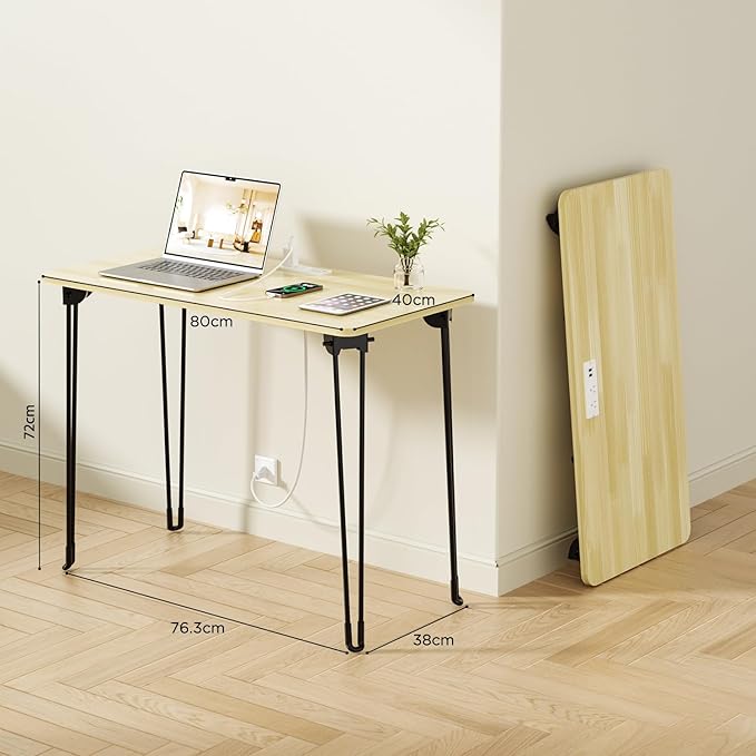 Mini Desk No Assembly Required, 31.5" Small Desk for Bedroom with Power Outlet & Hairpin Legs, 31.5" Foldable Desks for Small Spaces & Home Office, Beige Floor Patten