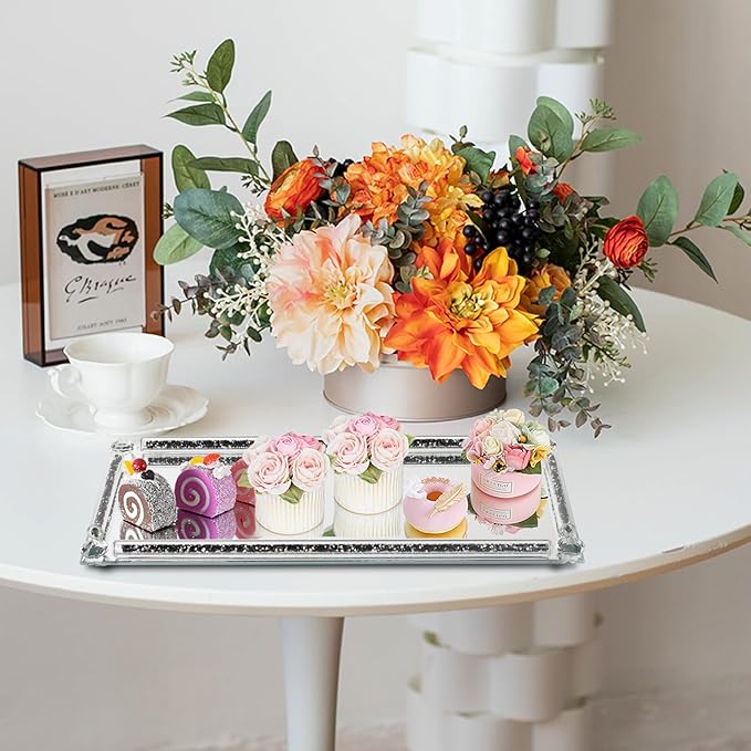 Glass Vanity Tray with Crushed Diamond,Perfume Tray,Mirror Vanity Trays for Bedroom Dresser,Crystal Cosmetic Makeup Tray,Decorative Tray for Home Decor Gift(Black Crushed Diamond)