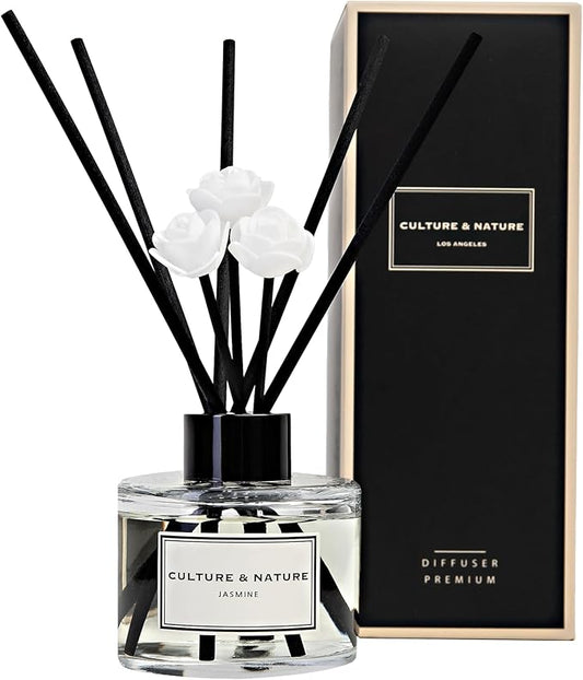 CULTURE & NATURE Reed Diffuser Set 4oz (120ml) Jasmine Scented Diffuser with Sticks Home Fragrance Reed Diffuser for Bathroom Shelf Decor