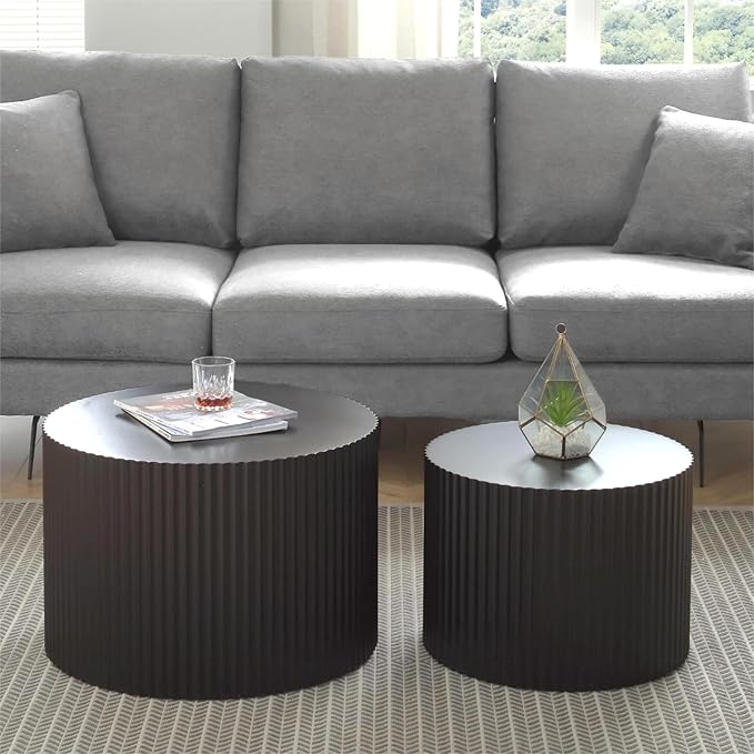 KEVINSPACE Coffee Table Nesting Tables Set of 2, Modern Round Coffee Table, Small Wooden Circle Accent Tables for Small Spaces Living Room Bedroom Balcony Drum Side Table No Need Assembly Black